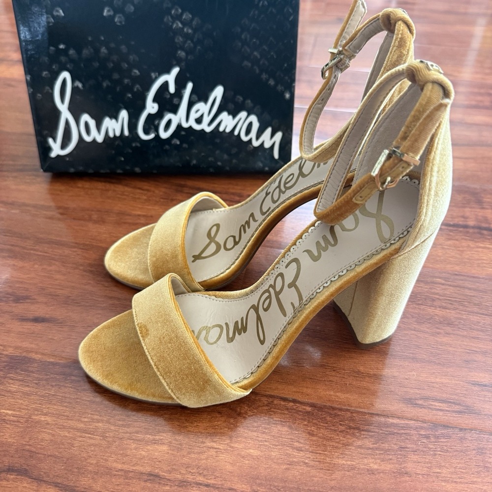 Sam Edelman Sandals Womens Sz 6.5M Gold Velvet Yaro Ankle Strap Block Heel Shoes